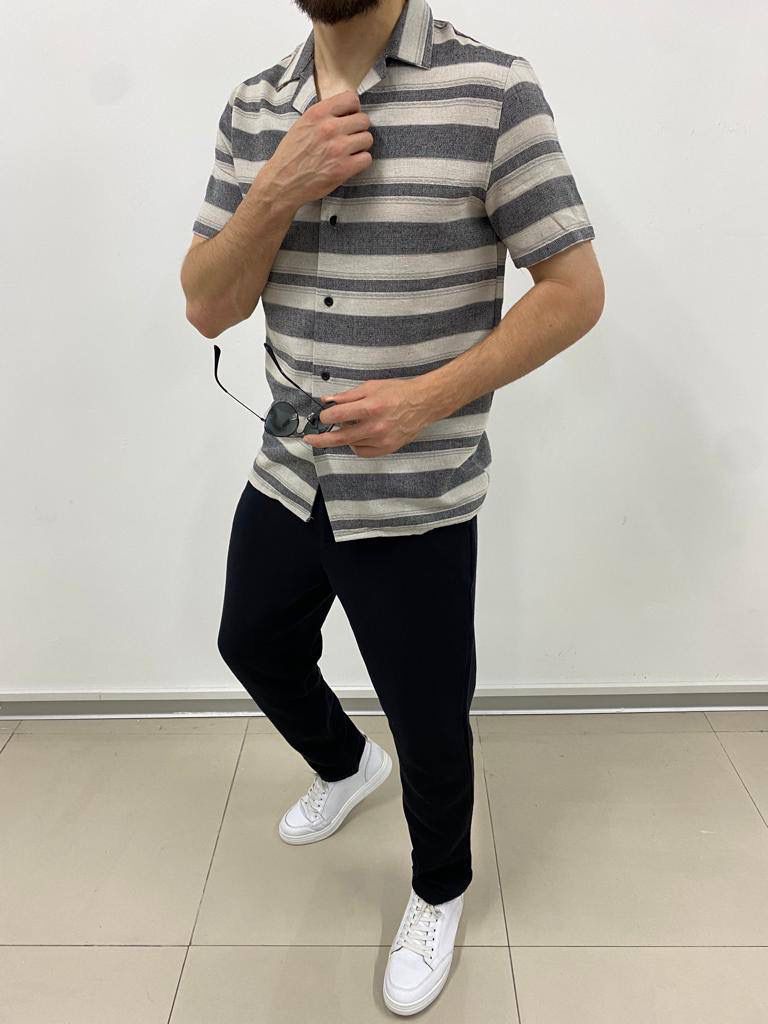 قميص كتان نص كم رصاصي