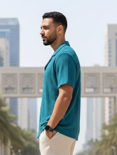 قميص تيشرت كروشيه لينن ازرق